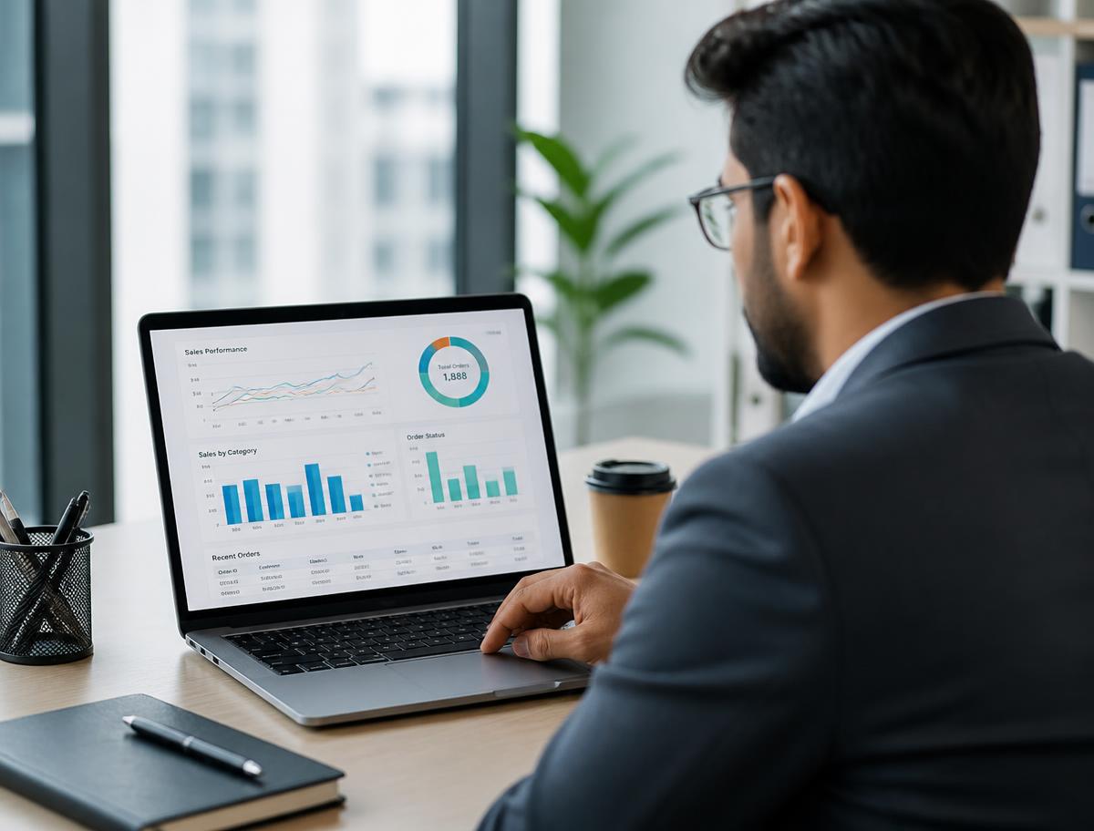 A professional reviewing migration data charts on a laptop